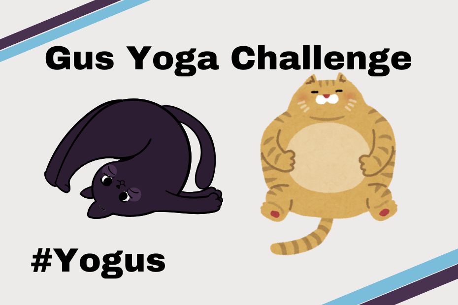 clip art cats from Canva; a "black" cat as dark purple in order to see his features doing Yoga Plow Posture (on back with legs flipped over head) and a rotund orange tabby sitting up kind of like Buddha; made in Canva.