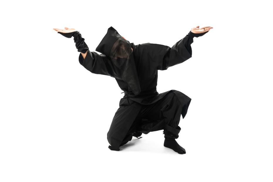 stock image of someone dressed as ninja posing in a crouched position