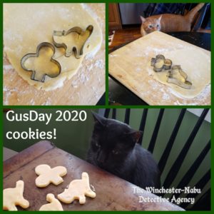 collage of cutting out the cookies being watched by Oliver and Gus.