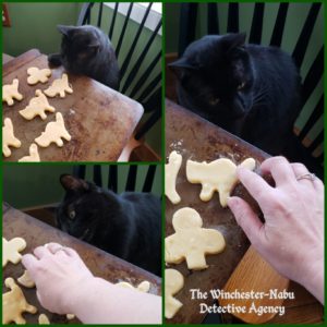 collage of Gus baking and watching human's hand make small adjustments to the cookie shapes