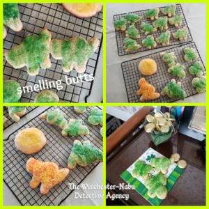 collage of cookies; sugar cookies in cat and shamrock shapes covered in green sugar except for one in red & yellow sugar to look like Oliver