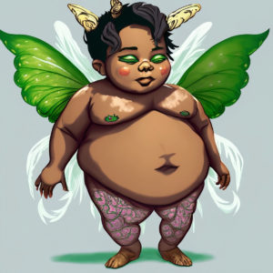 AI generated fat fairy with green wings and dark skin