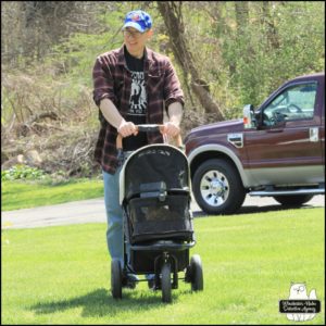 Oliver in his stroller being pushed through the grass by his Butler.