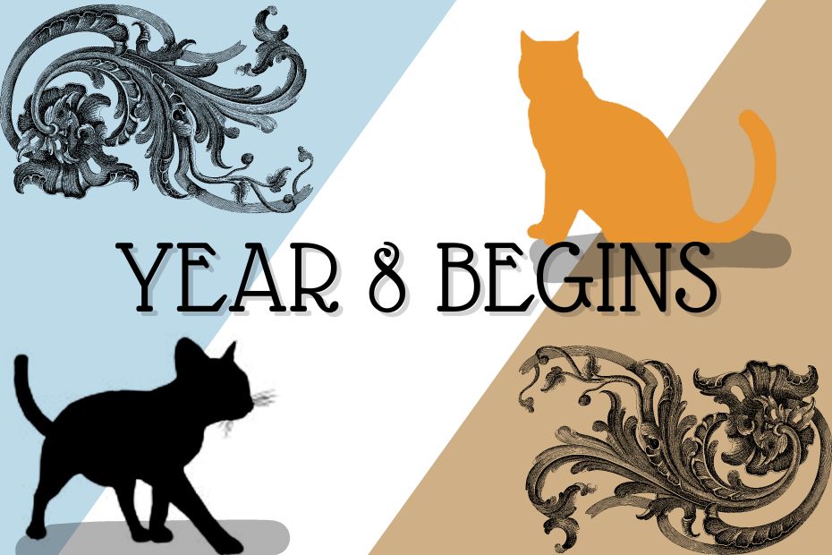 black cat silhouette and orange cat silhouette with text "year 8 begins" over light blue, white, tan background with filigree