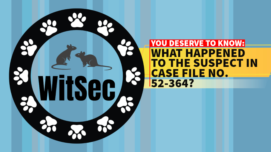 parody of extreme breaking news title card; two mice in silhouette; "WitSec"; a black circle with paw prints; "You deserve to know"; "What happened to the suspect in Case File No. 52-364?"