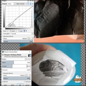 Top image: this shows how the contrast effect was used on the photo of a piece of paper that appears black because it's the "negative" or "invert" effect of image altering. Bottom: photo of the Pond's jar with paper taped to it and the pencil rubbing completed; the image is in the GIMP window for the sharpening effect.