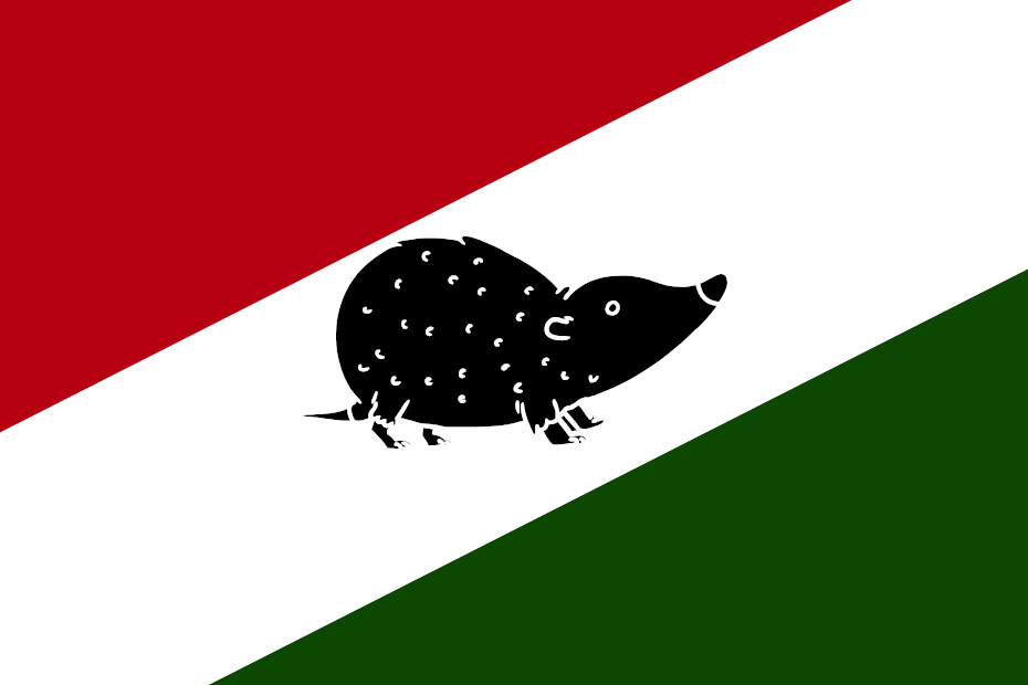 red, white, green diagonal wide stripes with a black silhouette of a shrew in the center white stripe