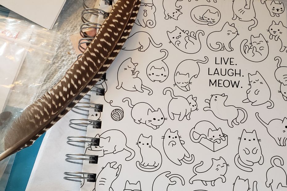 brown feather with light speckled dots on top of a white spiral bound journal decorated with a cover of cats and text, "live. laught. meow."