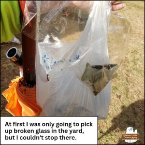 a clear plastic bag with broken glass next to a white plastic shopping bag full of other litter. caption: At first I was only going to pick up broken glass in the yard, but I couldn't stop there.