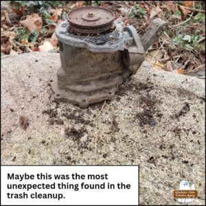 a car's fuel pump found on the embankment of the road placed on a rock for photo. caption: Maybe this was the most unexpected thing found in the trash cleanup.