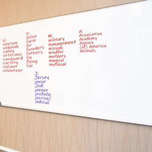 Brainstorming on the white board for Case File No. 28-392. Letters V, F, M, and A in red in the top row making columns. Underneath starting a second row is J: Jersey, junior, Jedi, jaeger, juvenile, justice/judicial (as if written in purple marker in a column under the F and M columns in the first row)