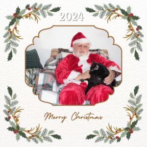 a faux paper design with every green branch borders; "Merry Christmas" at the bottom. Santa in a chair with black cat Gus on his left leg.