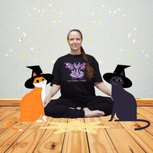 no AI; made with Canva clip art and edited to look like cartoon Oliver wearing a witch hat on the left, cartoon Gus wearing a witch hat on the right, Amber seated in lotus posture between them, a glowing 7-pointed star on the stock photo wooden floor. Cartoon sparkles above everyone.