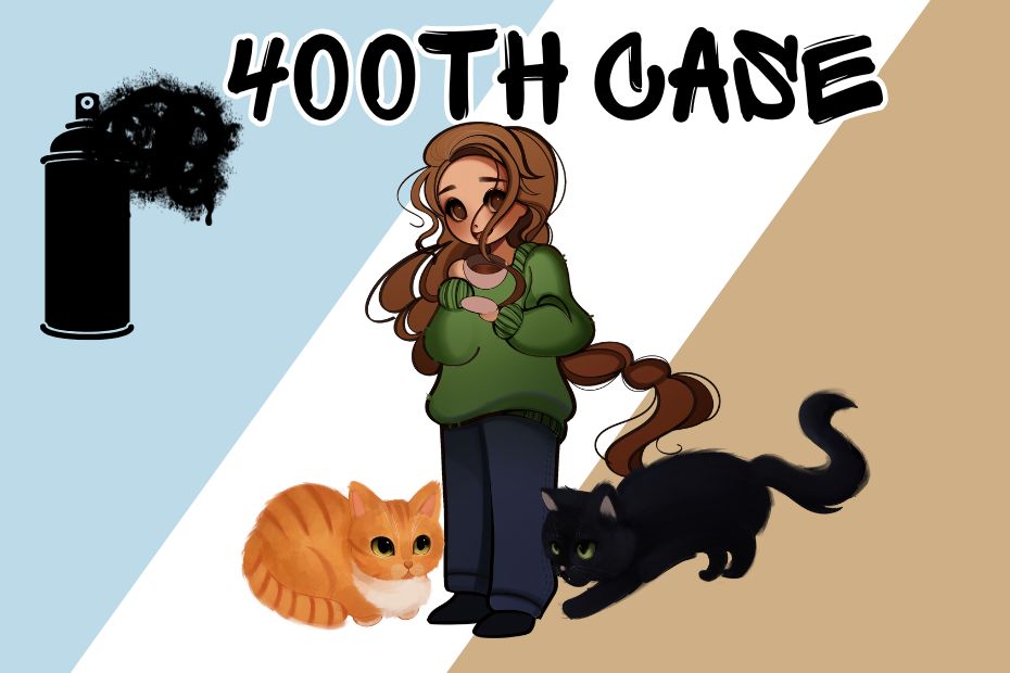 chibi illustrations of orange tabby Oliver, Amber, and black cat Gus by Ele Rondi; against a blue, white, and tan background; a black spray paint can spraying next to graffiti text "400th Case"